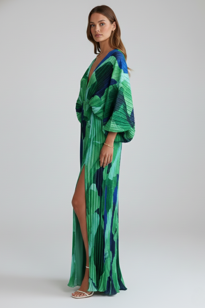 Women's Dress with V-Neck and Pleated Hem in Green - View 4.0 | Roselva