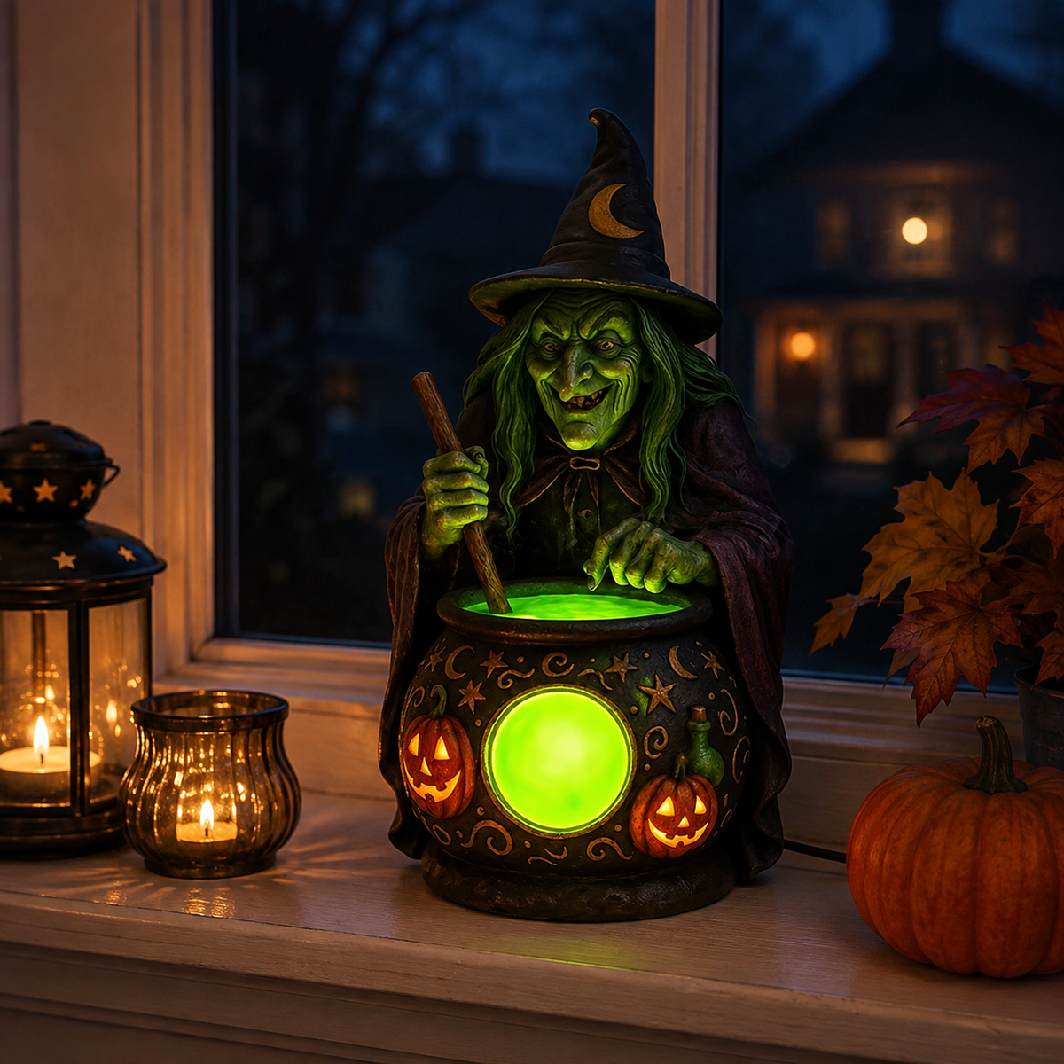 Witch Cauldron Resin Table Lamp with Neon Green LED