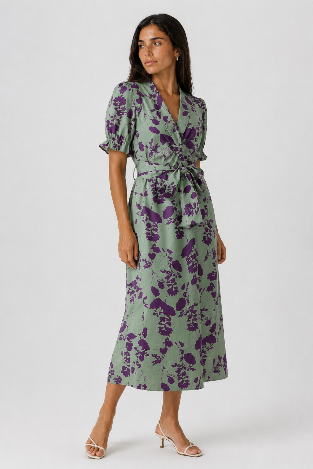 Floral Print Midi Dress with Ruffled Puff Sleeves