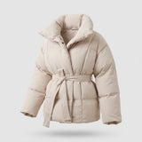 Women's Belted Puffer Coat with Stand Collar