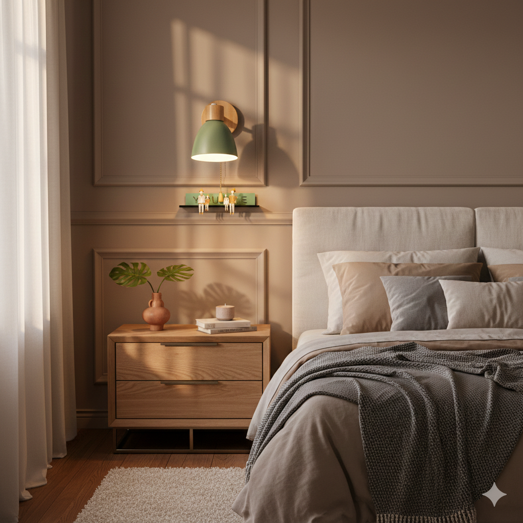 Modern Wall Sconce with Angled Arm, Wood, Conical Shade