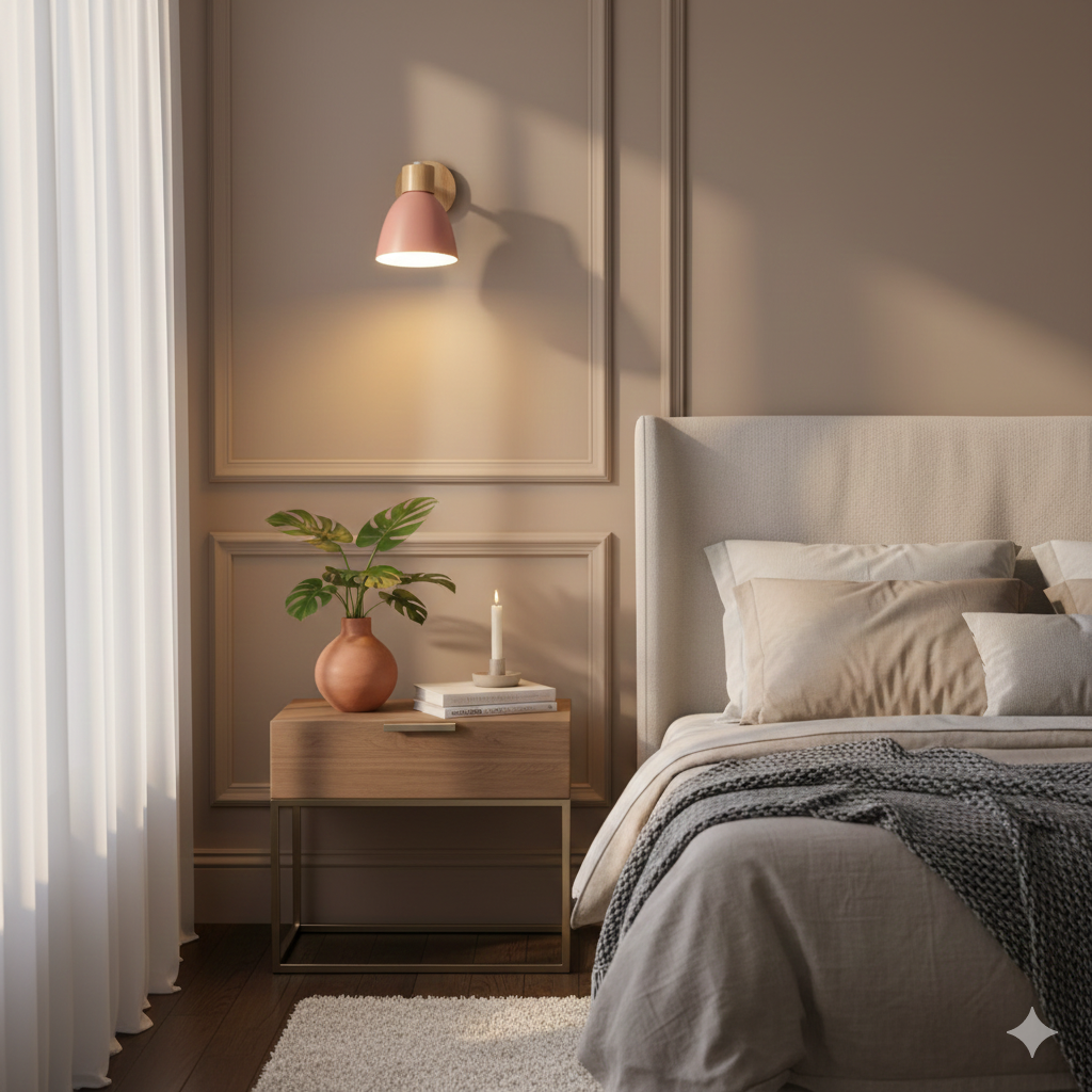 Modern Wall Sconce with Angled Arm, Wood, Conical Shade