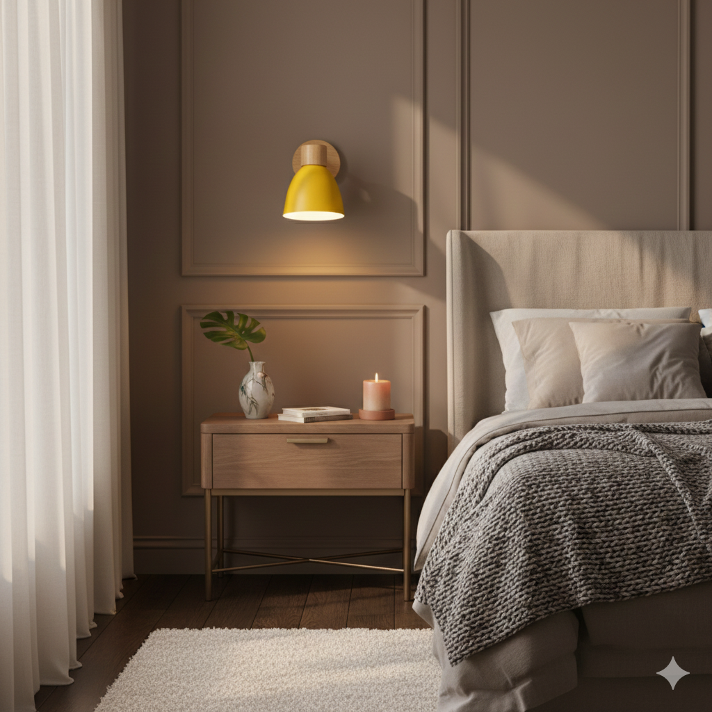 Modern Wall Sconce with Angled Arm, Wood, Conical Shade