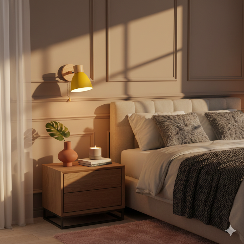 Modern Wall Sconce with Angled Arm, Wood, Conical Shade