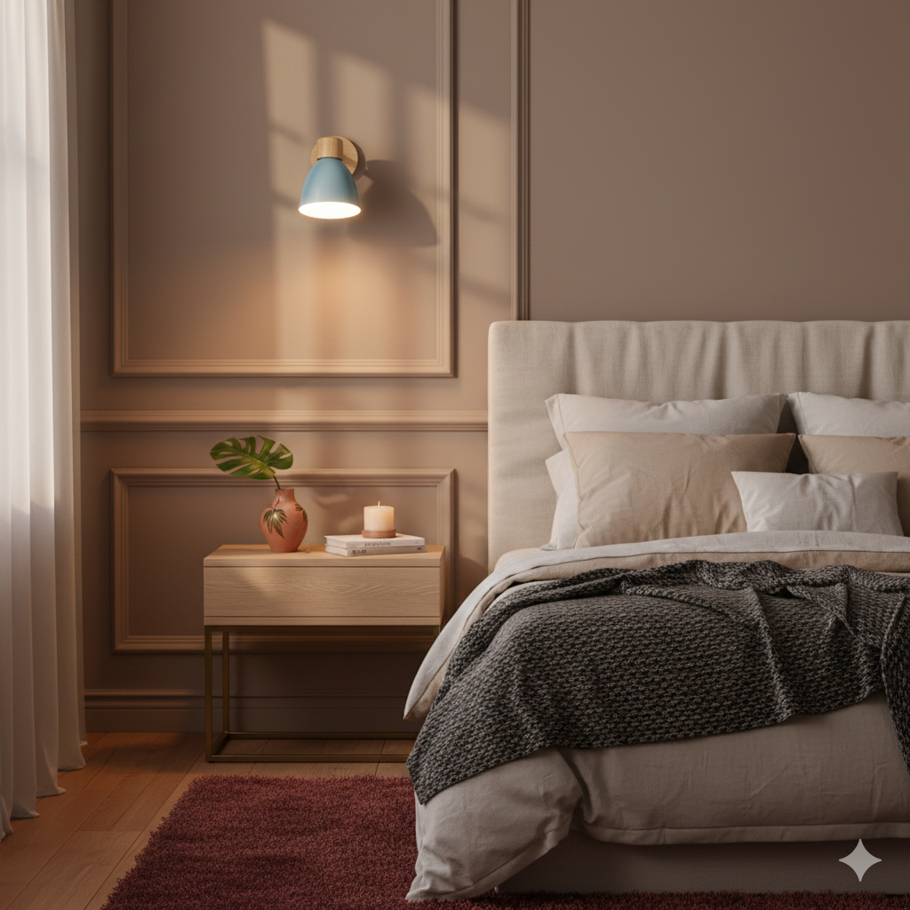 Modern Wall Sconce with Angled Arm, Wood, Conical Shade