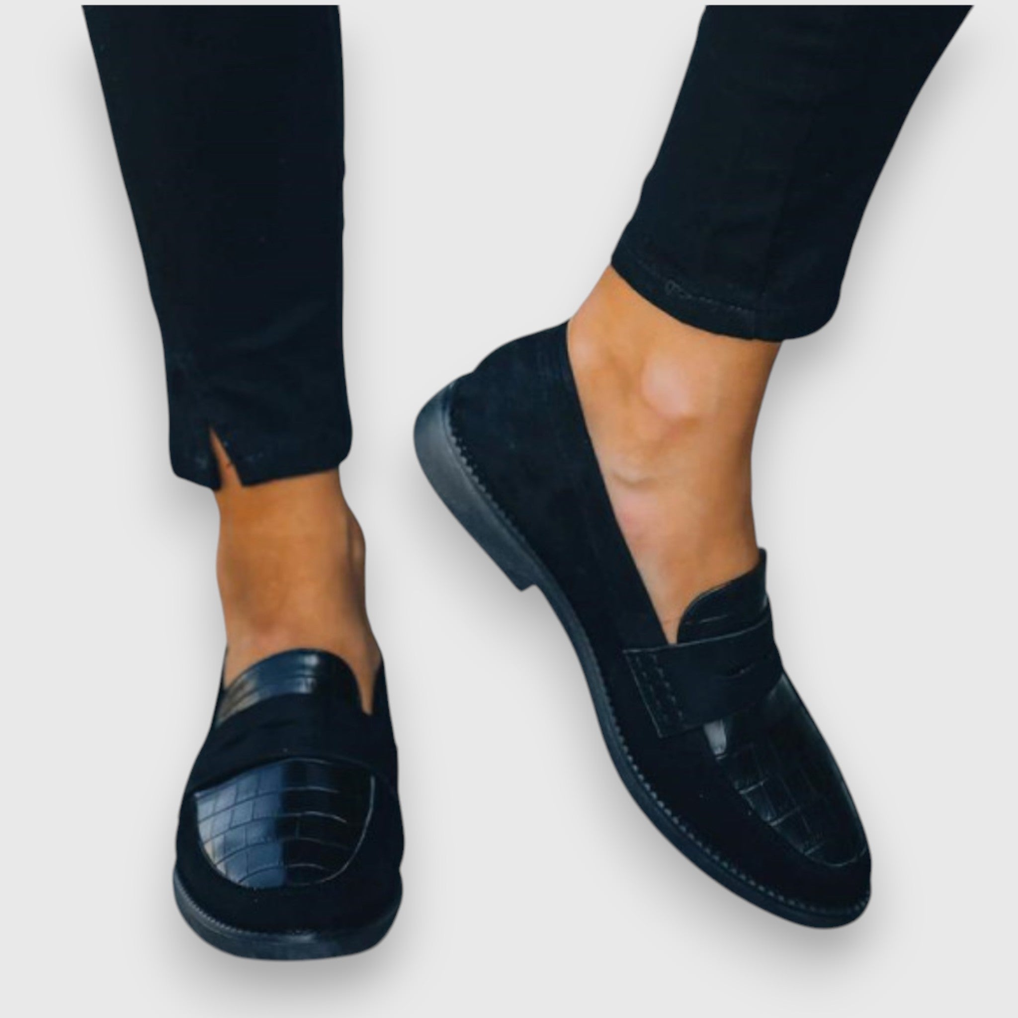 Women’s Croc-Embossed Penny Loafers – Mixed Texture Slip-On Dress Flats