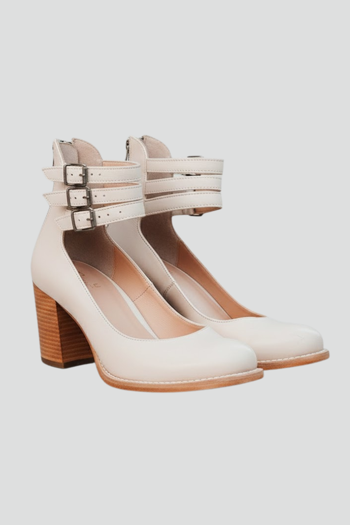 Women's Heeled Court Shoes with Strap and Closed Round Toe in White | Roselva