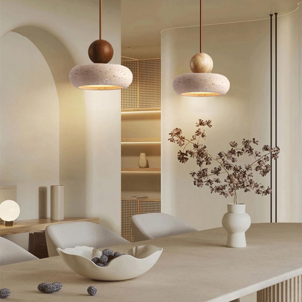 Tindara - Natural Travertine and Wood Pendant Light