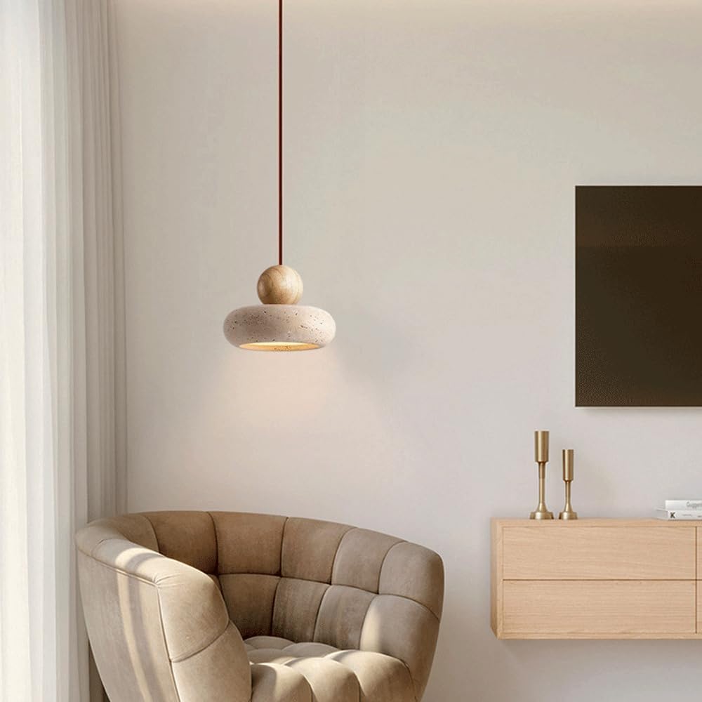 Tindara - Natural Travertine and Wood Pendant Light