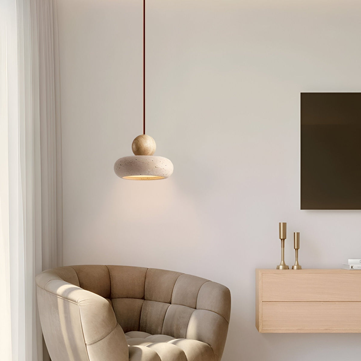 Tindara - Natural Travertine and Wood Pendant Light