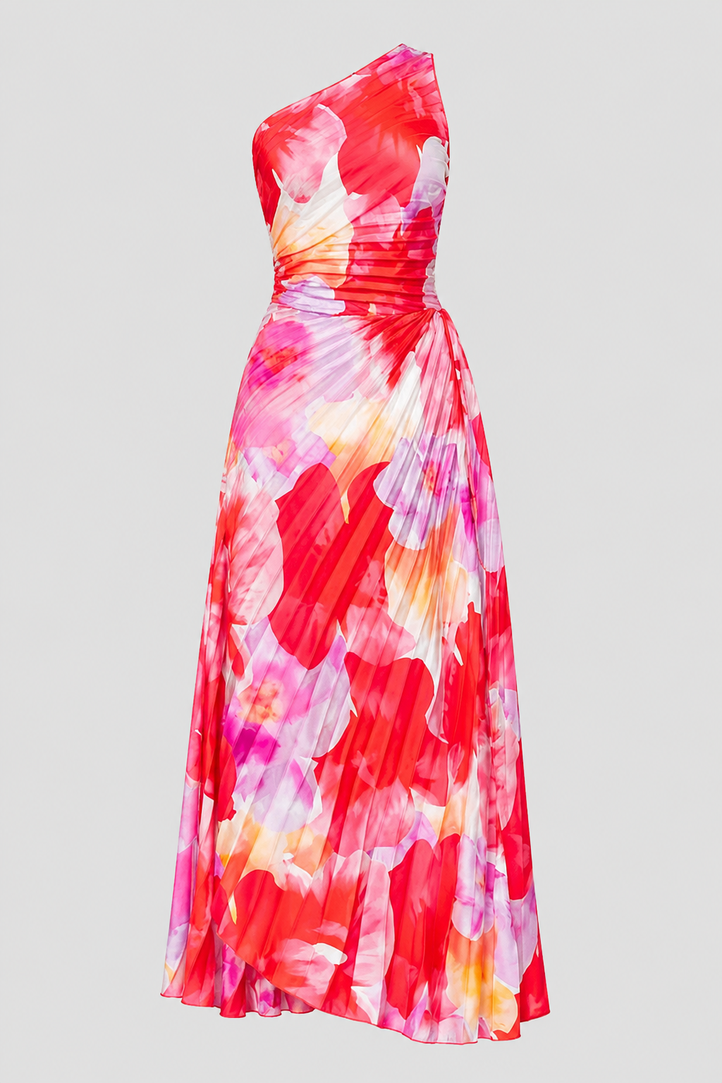 One-Shoulder Maxi Dress - Elegant Draped Floral Evening Dress