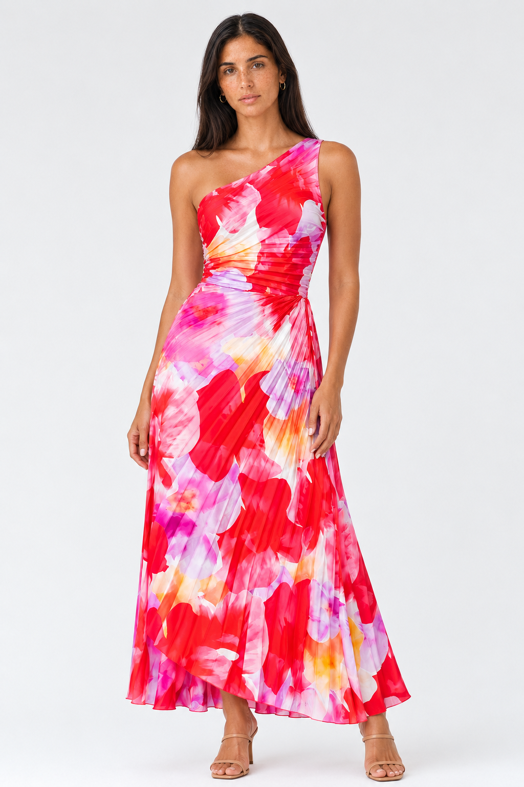 One-Shoulder Maxi Dress - Elegant Draped Floral Evening Dress