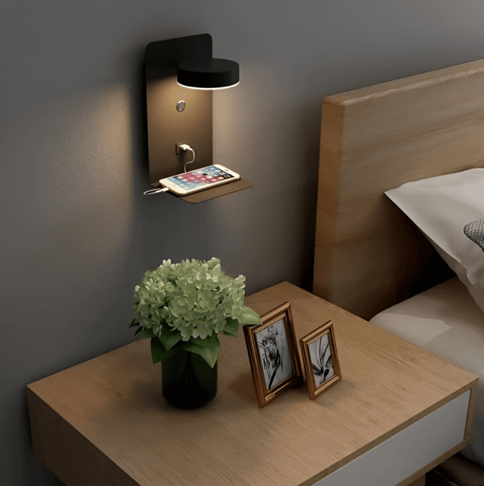 DualDelight LED Wall Lamp with Shelf & USB Port