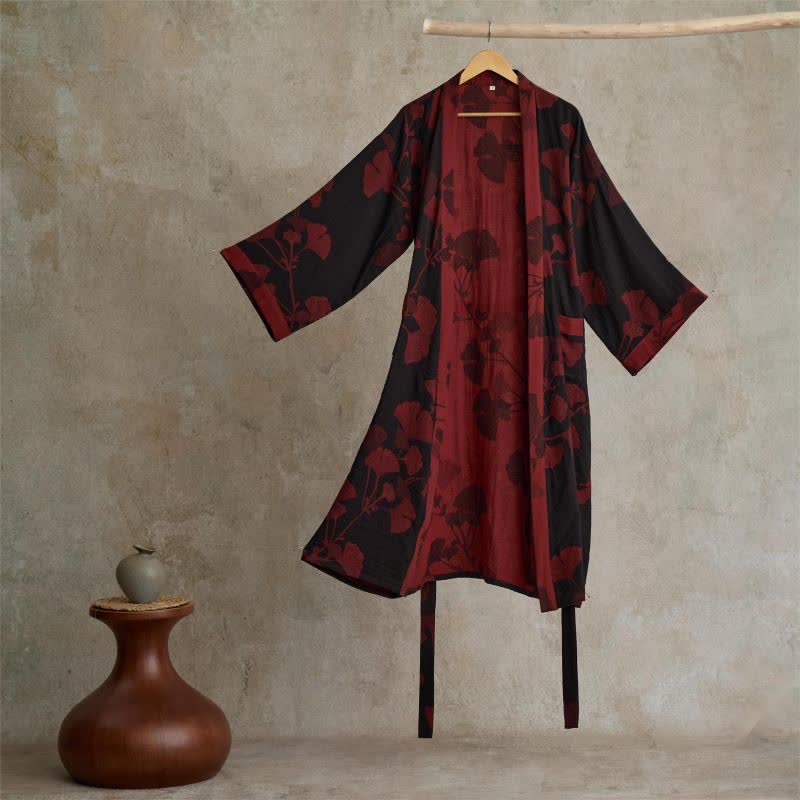 Cotton Kimono Bathrobe with Reversible Leaf Pattern