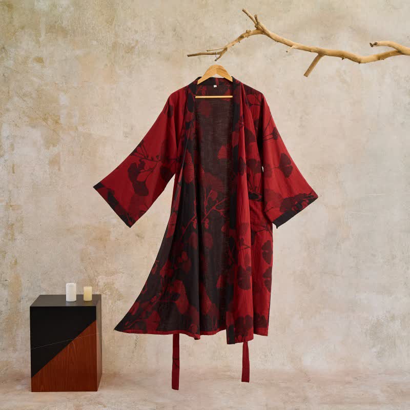 Cotton Kimono Bathrobe with Reversible Leaf Pattern