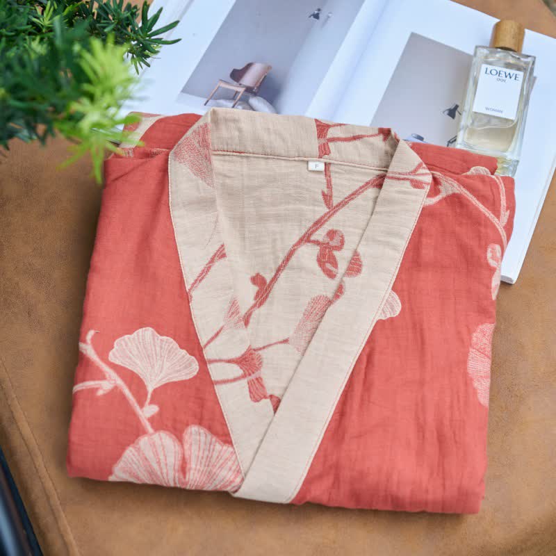 Cotton Kimono Bathrobe with Reversible Leaf Pattern