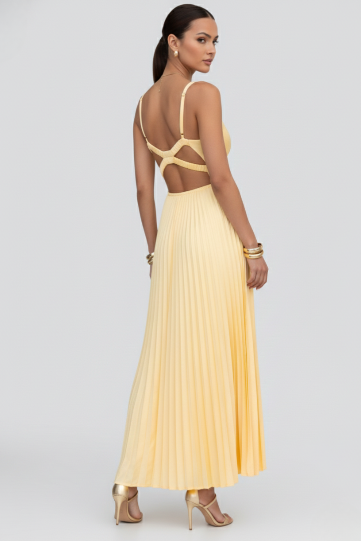 Women's Maxi Dress with Pleated Skirt and V-Neck in Yellow - View 5.0 | Roselva