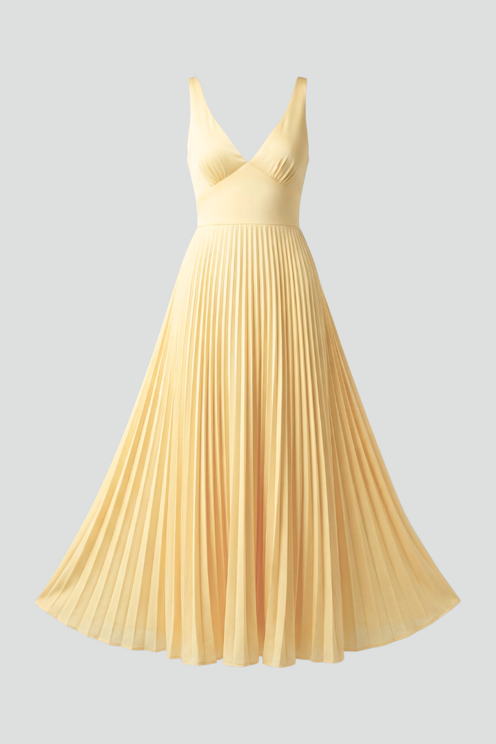 Women's Maxi Dress with Pleated Skirt and V-Neck in Yellow | Roselva