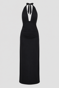 Plunge Halter Maxi Dress – Open-Back Tied Evening Gown