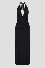 Plunge Halter Maxi Dress – Open-Back Tied Evening Gown