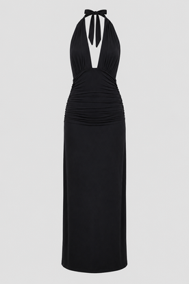 Plunge Halter Maxi Dress – Open-Back Tied Evening Gown