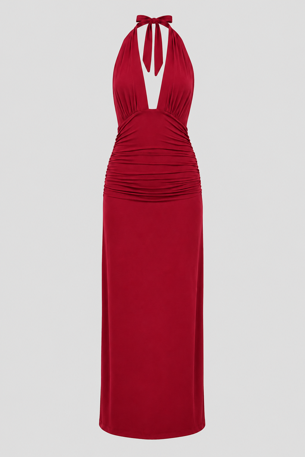 Plunge Halter Maxi Dress – Open-Back Tied Evening Gown