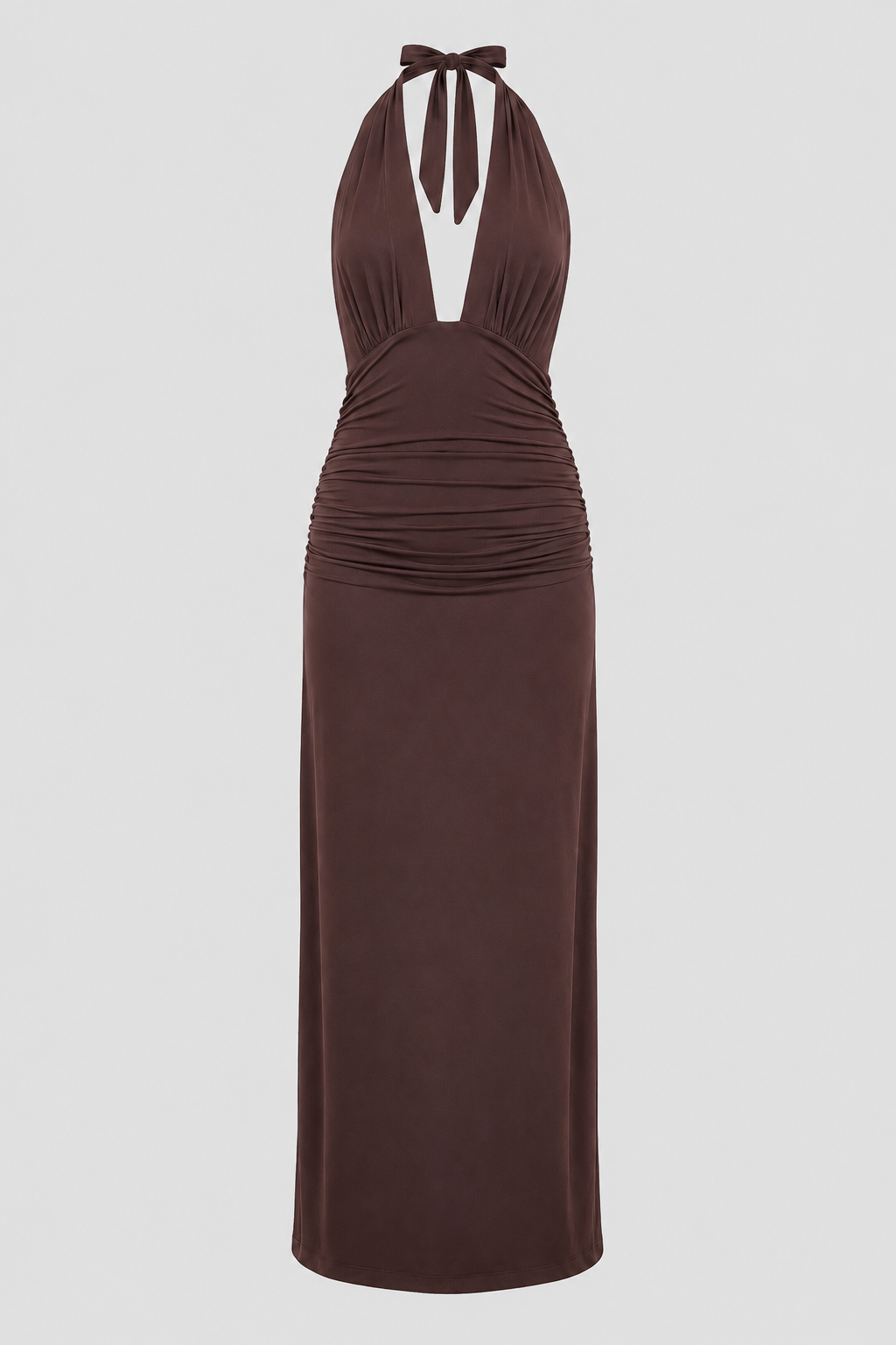 Plunge Halter Maxi Dress – Open-Back Tied Evening Gown