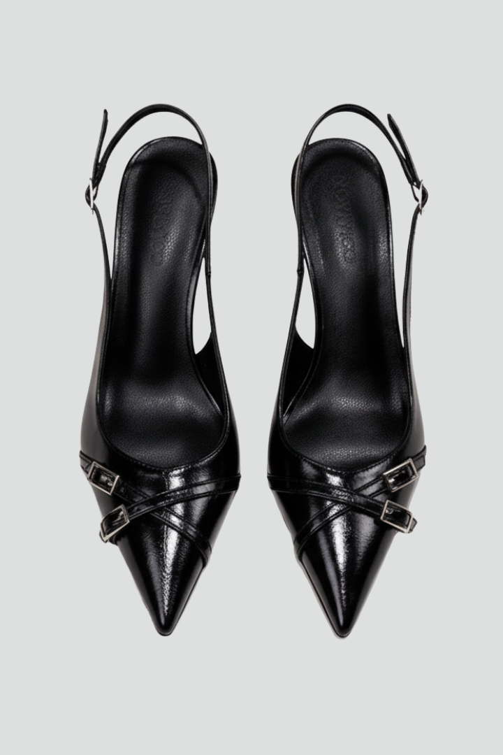 Women's Pointed Toe Slingback Heels with Buckle Strap in Black | Roselva
