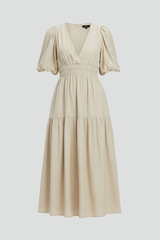 Women's Dress with V-Neck and Puff Sleeves
