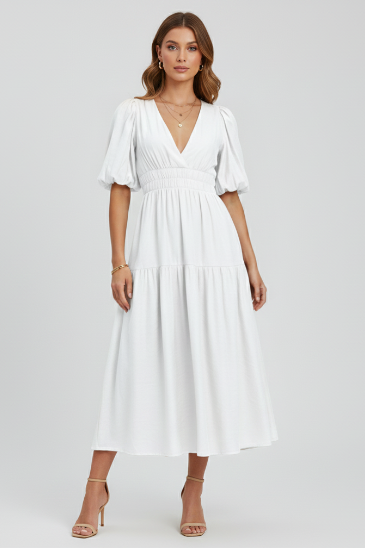 Women's Dress with V-Neck and Puff Sleeves in Beige - View 8.0 | Roselva
