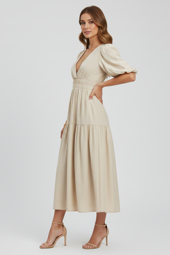 Women's Dress with V-Neck and Puff Sleeves in Beige - View 4.0 | Roselva