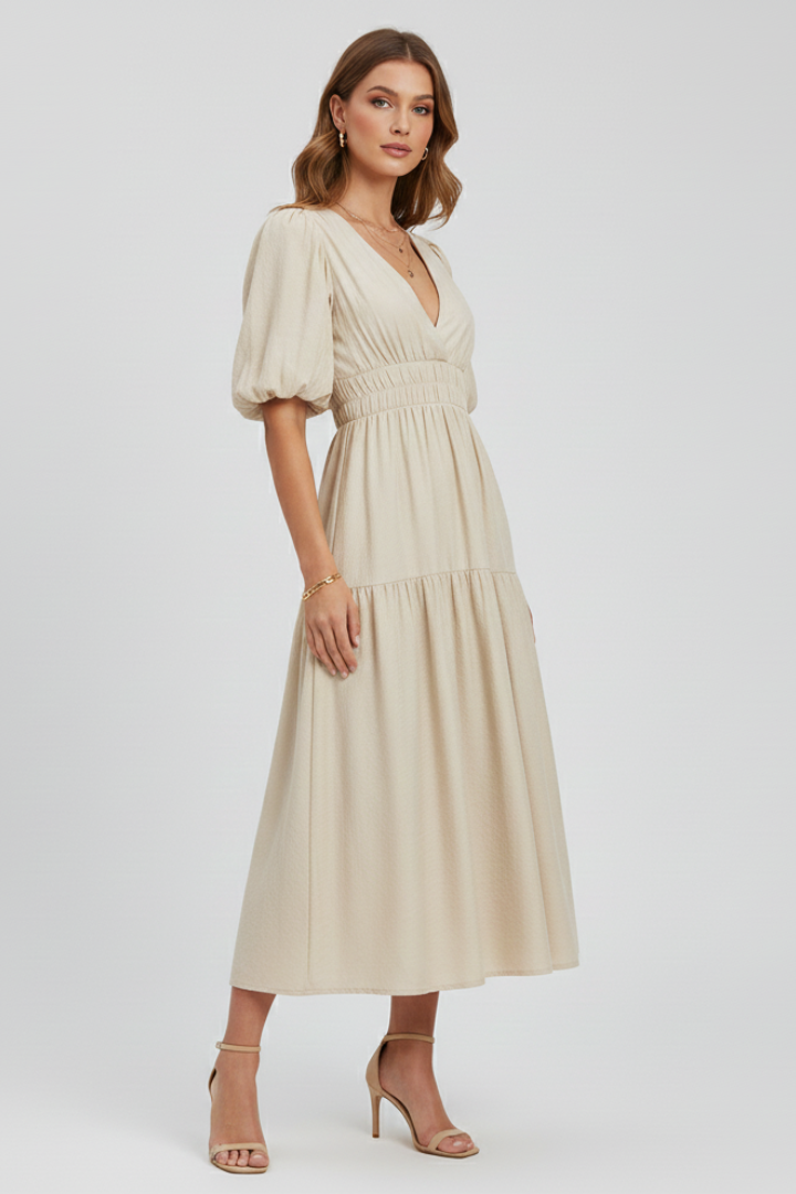 Women's Dress with V-Neck and Puff Sleeves in Beige - View 3.0 | Roselva