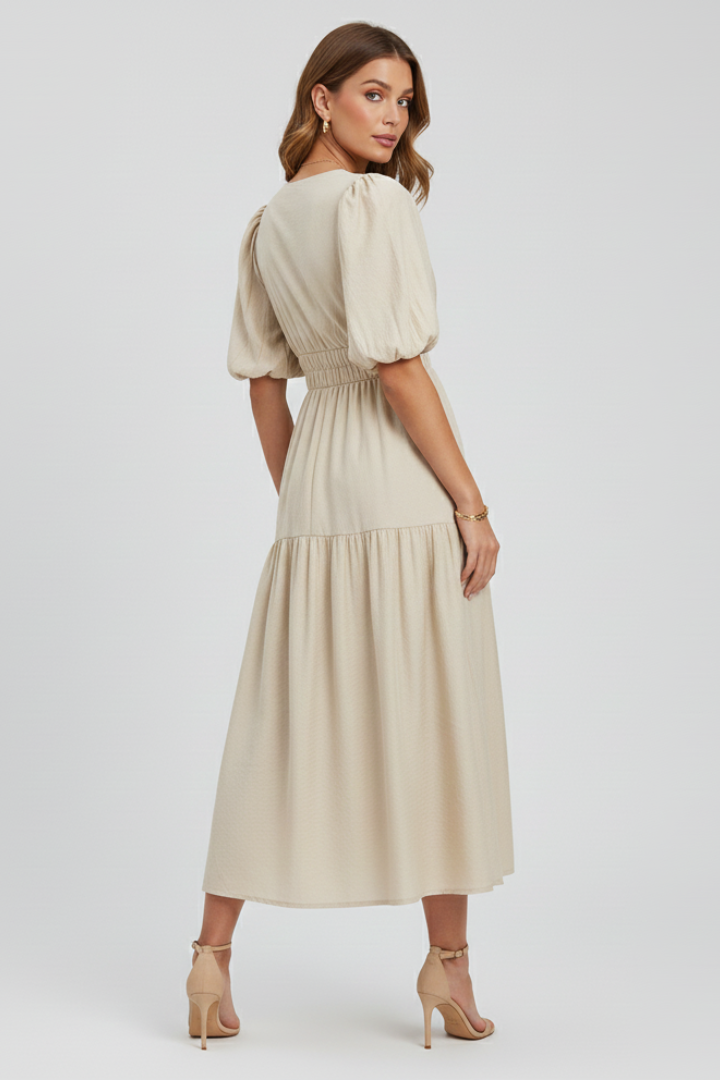 Women's Dress with V-Neck and Puff Sleeves in Beige - View 5.0 | Roselva