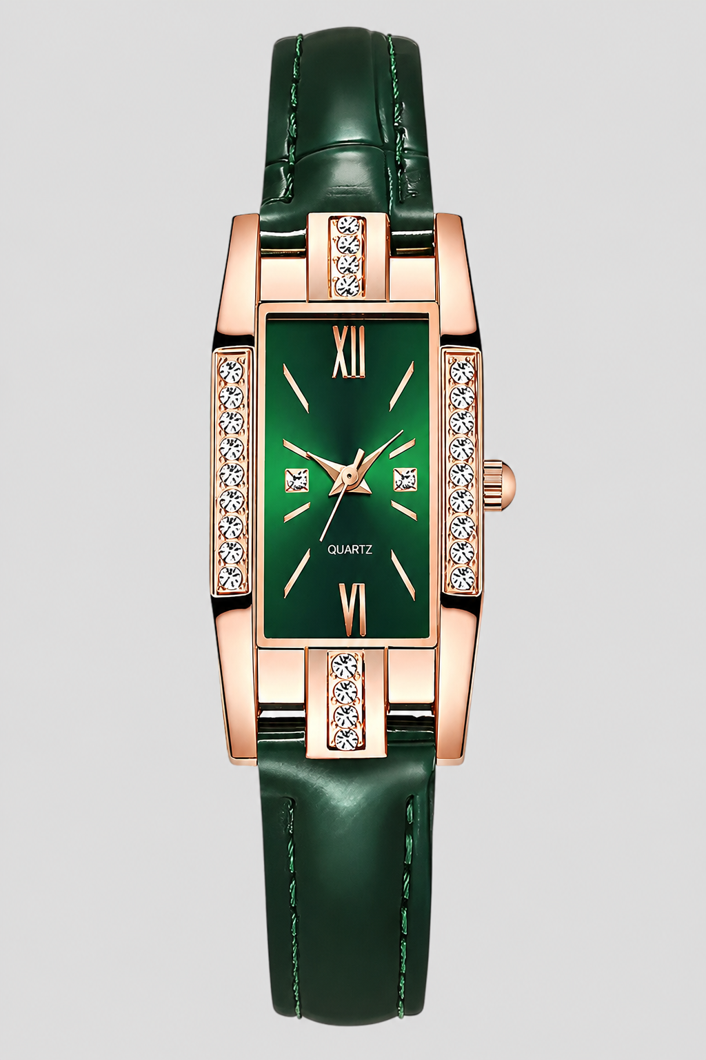 Rectangular Crystal Watch – Architectural Case with Stitched Strap