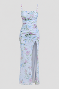 Romantic Floral Print Mesh Maxi Dress with Thigh Slit