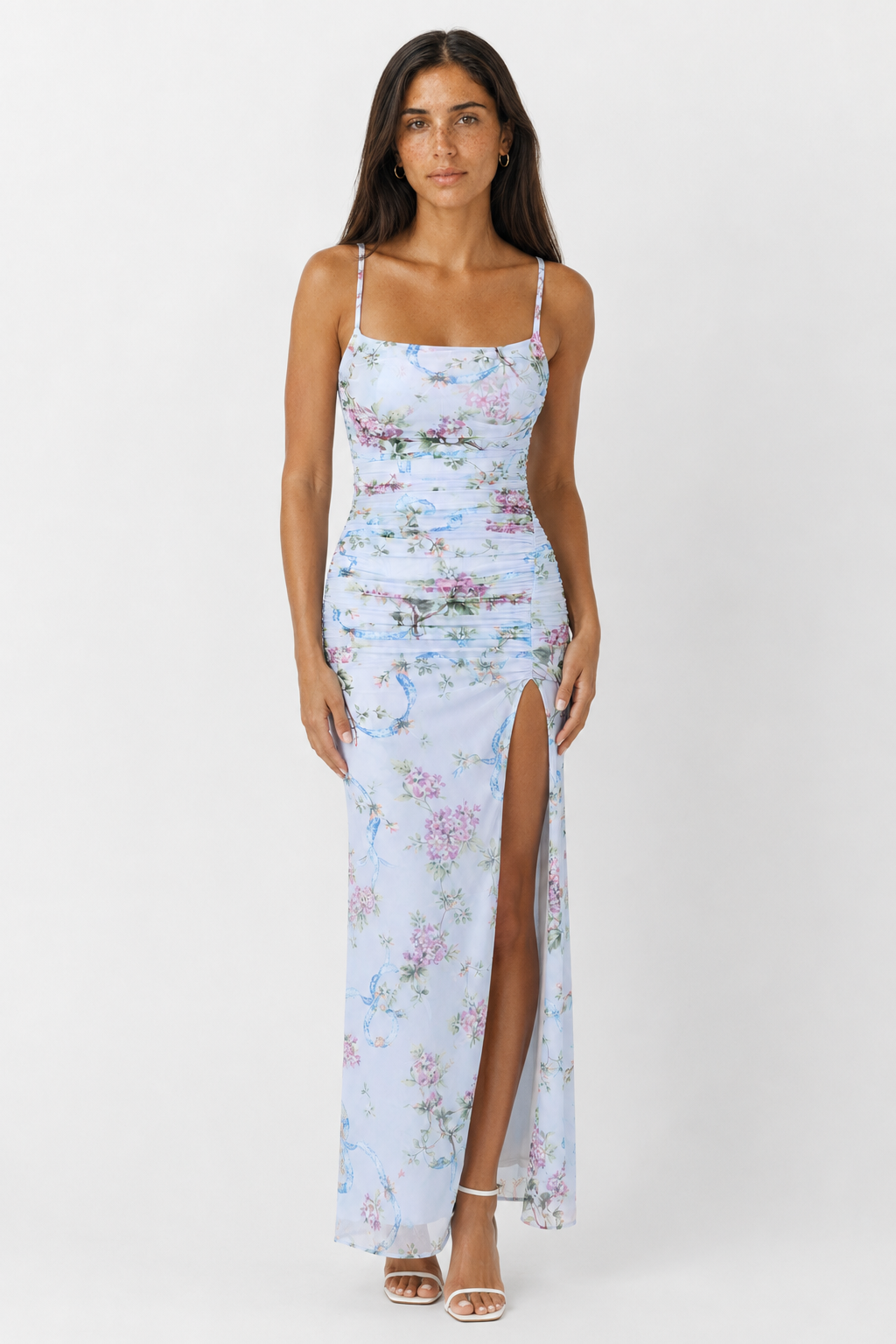 Romantic Floral Print Mesh Maxi Dress with Thigh Slit