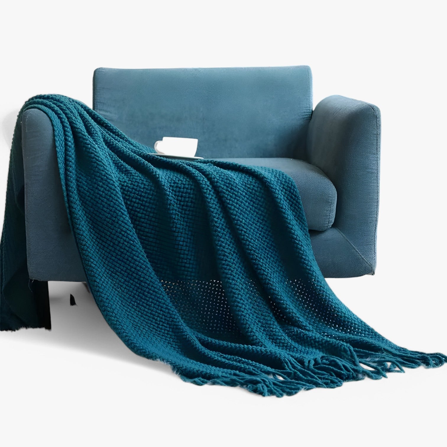 Chiara | Hyggeligt strikket plaid - blød, varm og stilfuld med frynser - Blå - house & garden - {{ product_tags }