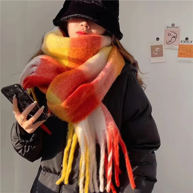 Women's Oversized Winter Scarf with Gradient Color and Fringe