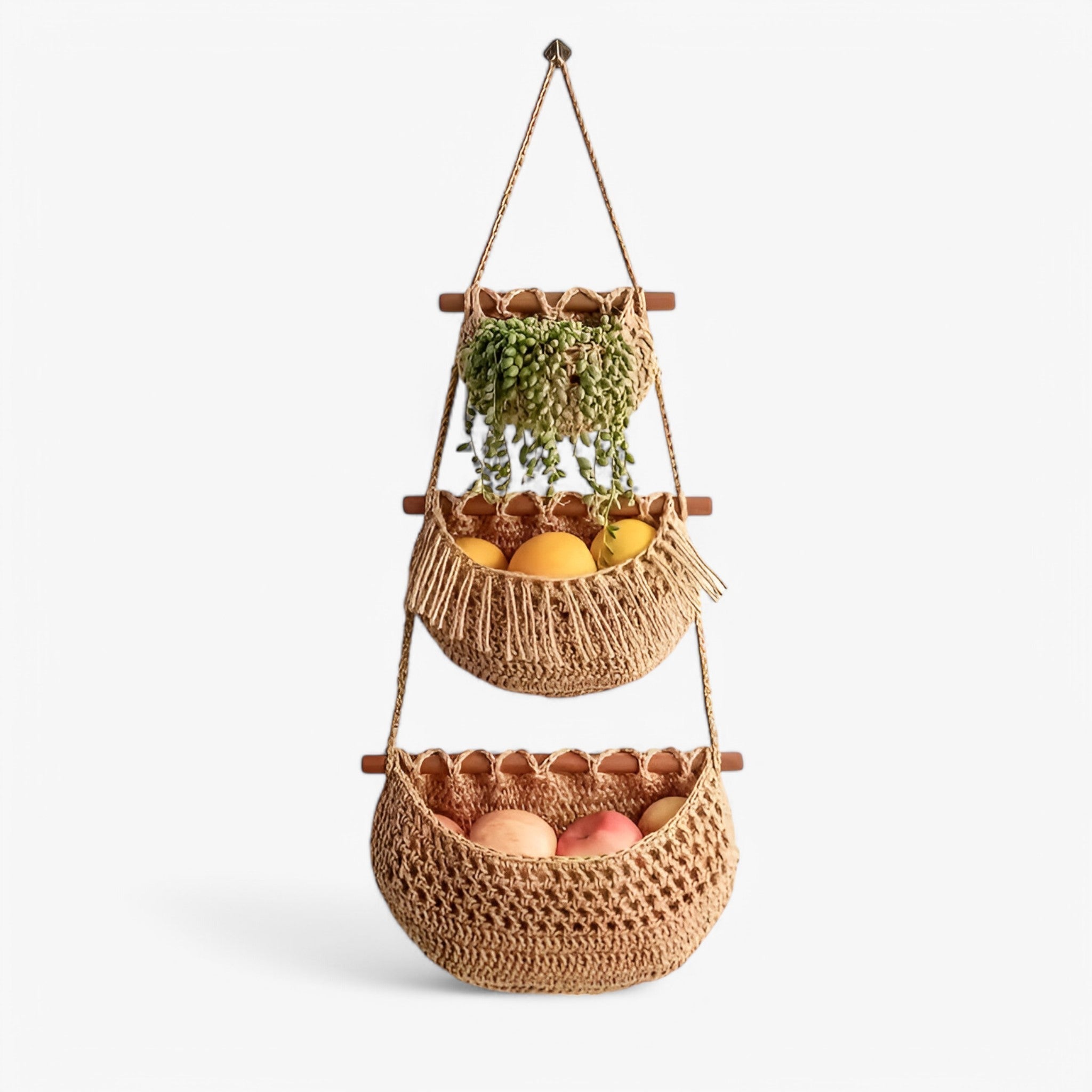 Mila | 3-etagers hængende frugtkurv i jute - Mørk khaki - house & garden - {{ product_tags }