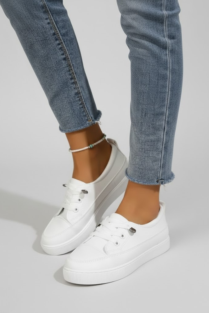 Women's Sneakers with Round Toe and Flat Sole in White - View 5.0 | Roselva