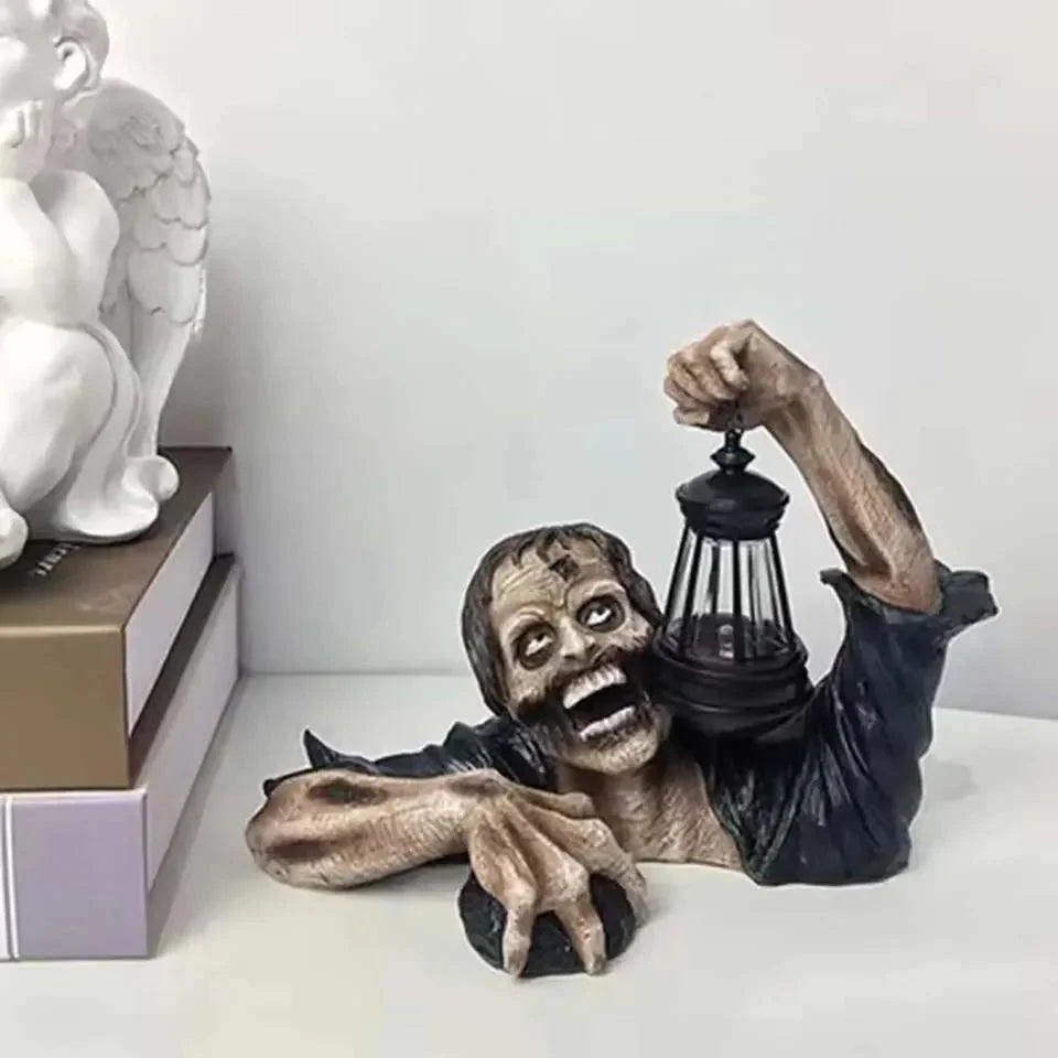 Zombie Garden Figure with Lantern - Resin Halloween Decor