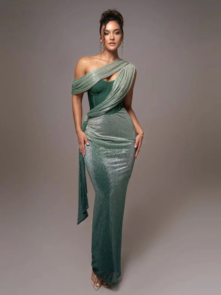 Women's One-Shoulder Evening Dress with Metallic Finish