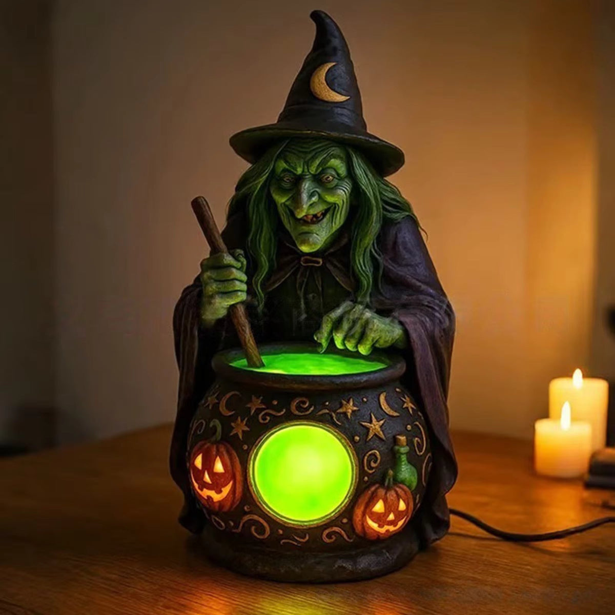 Witch Cauldron Resin Table Lamp with Neon Green LED