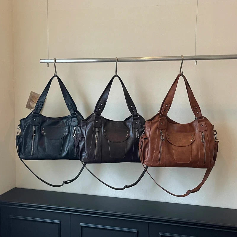 Rivet-Accent Leather Hobo Bag – Large Capacity Shoulder Tote