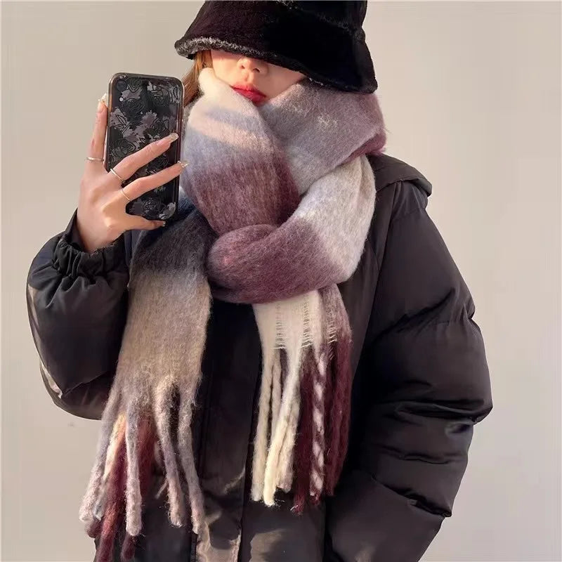 Women's Oversized Winter Scarf with Gradient Color and Fringe