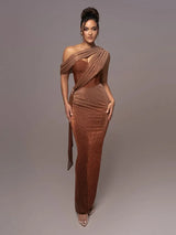 Women's One-Shoulder Evening Dress with Metallic Finish