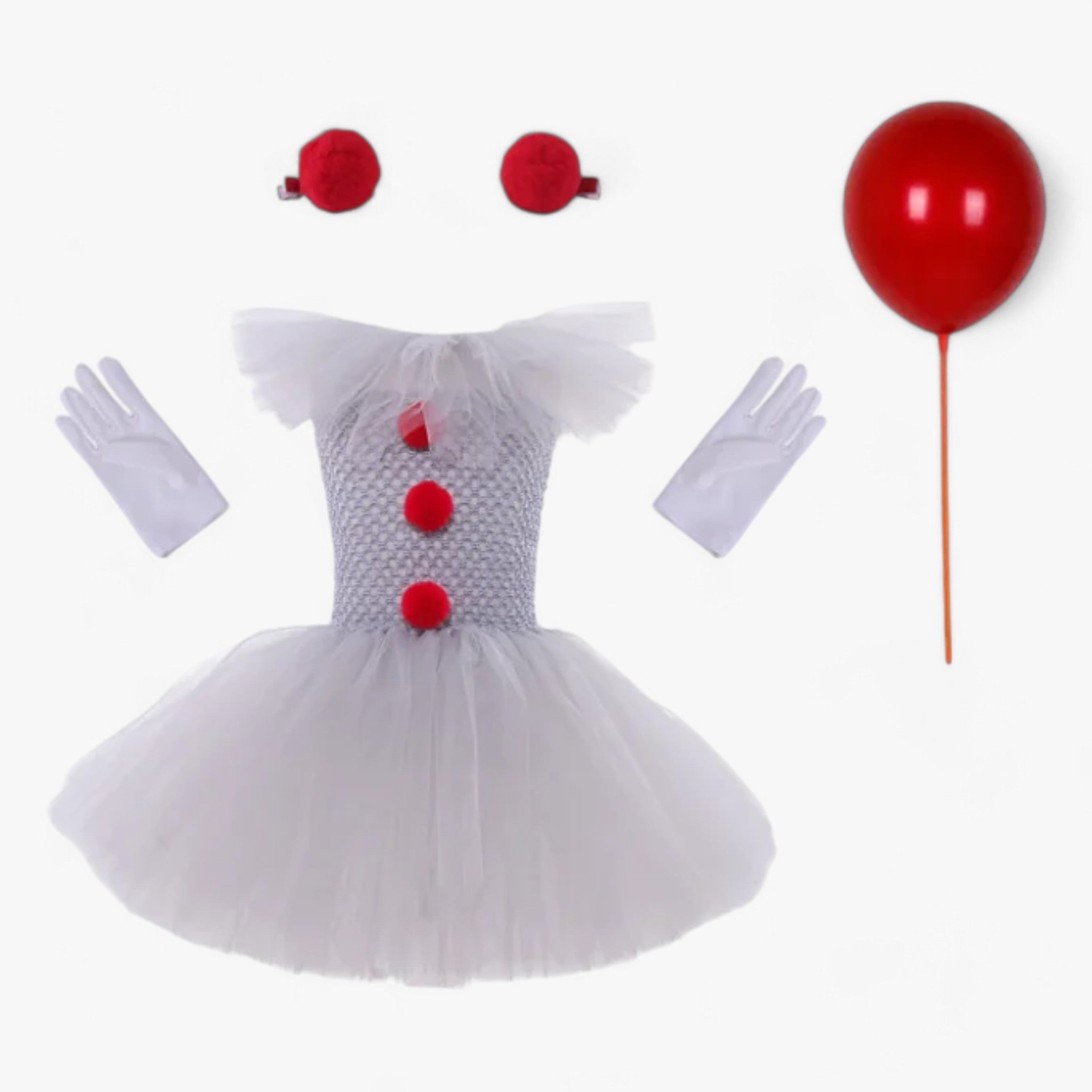 Costume Dress : Tutu Jurk Pennywise Kinderen - Schattige en Angstaanjagende Outfit in 4 stuks van Pantino