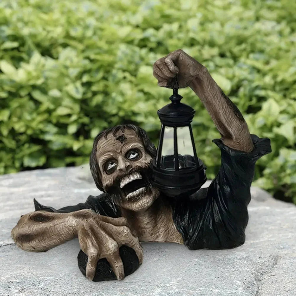 Zombie Garden Figure with Lantern - Resin Halloween Decor