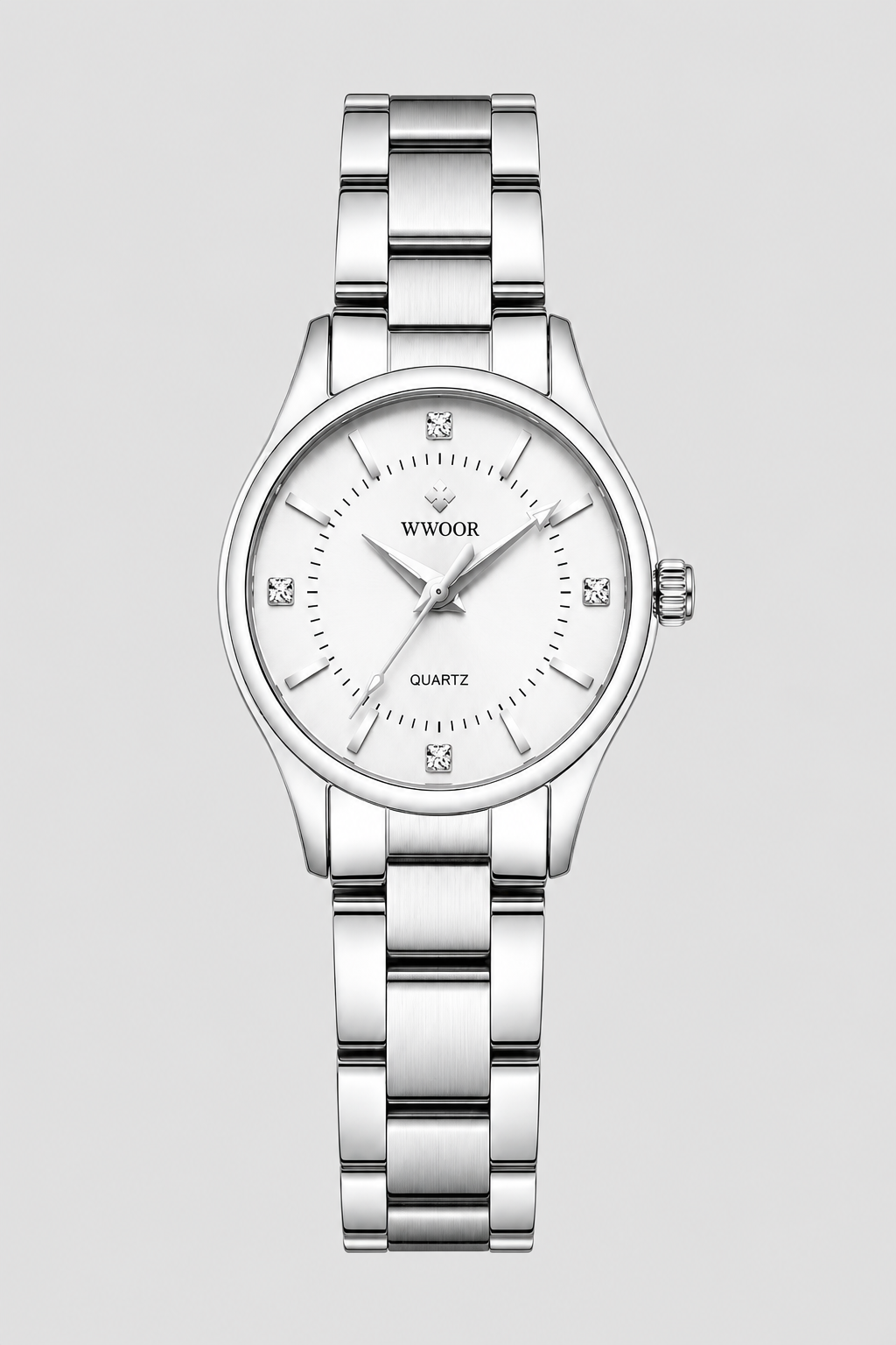 Sleek Classic Link Watch – Minimalist Dial with Gemstone Accents
