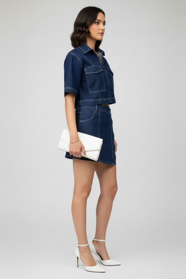 Women's Two-Piece Set with Short Top in Blue - View 3.0 | Roselva